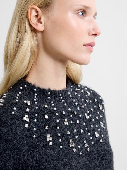 French Connection Tatiana Embellished Jumper, Charcoal Grey - view 2, Charcoal Grey