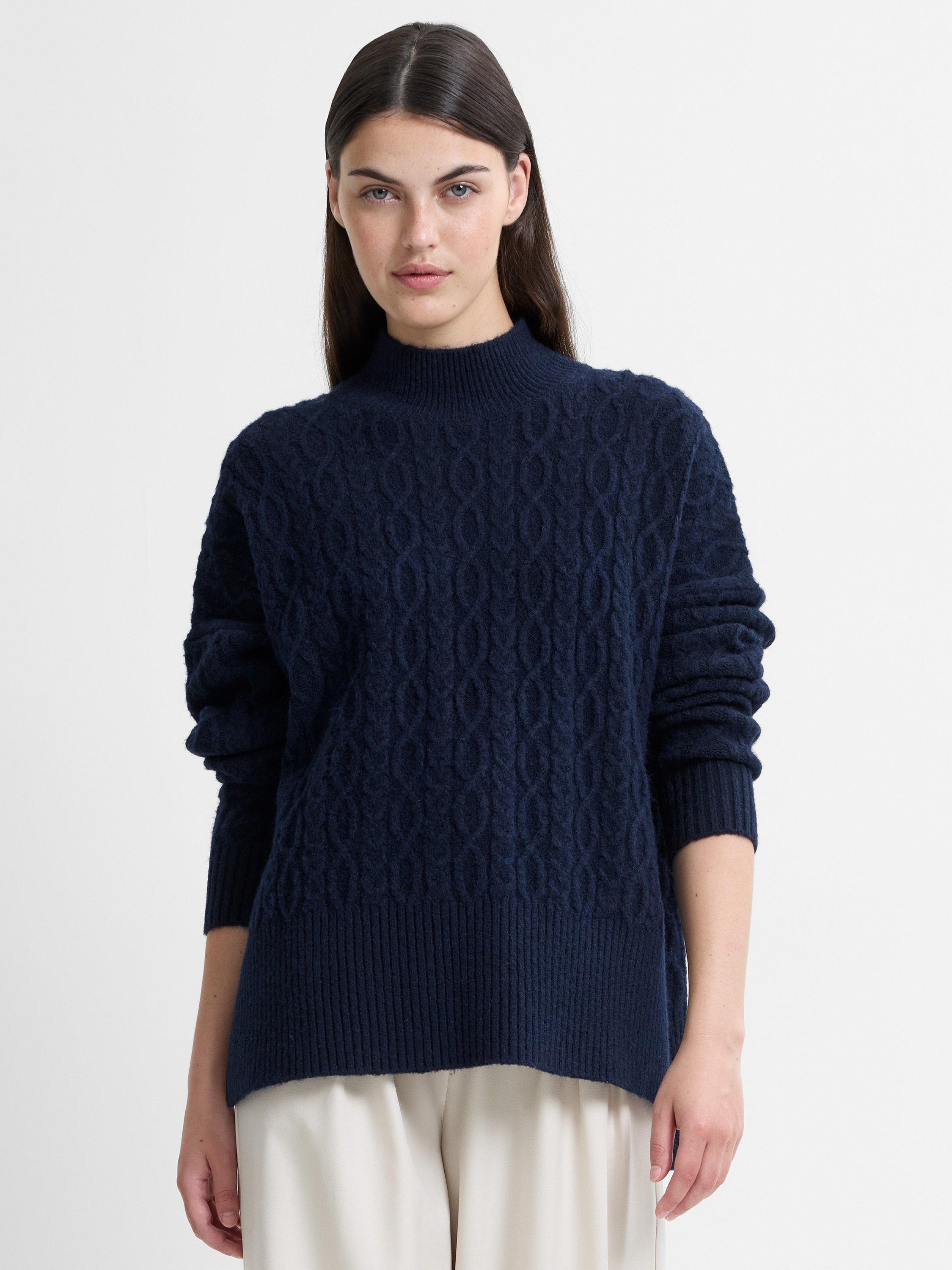 Product image 1 of 5, which shows French Connection Tina Cable Knit Side Split Jumper, Navy, XS