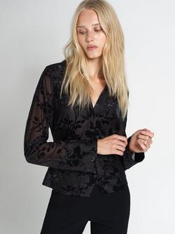 French Connection Idina Devore Long Sleeve Collared Top, Black, Black