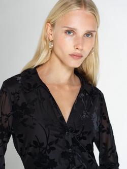 French Connection Idina Devore Long Sleeve Collared Top, Black - view 2, Black