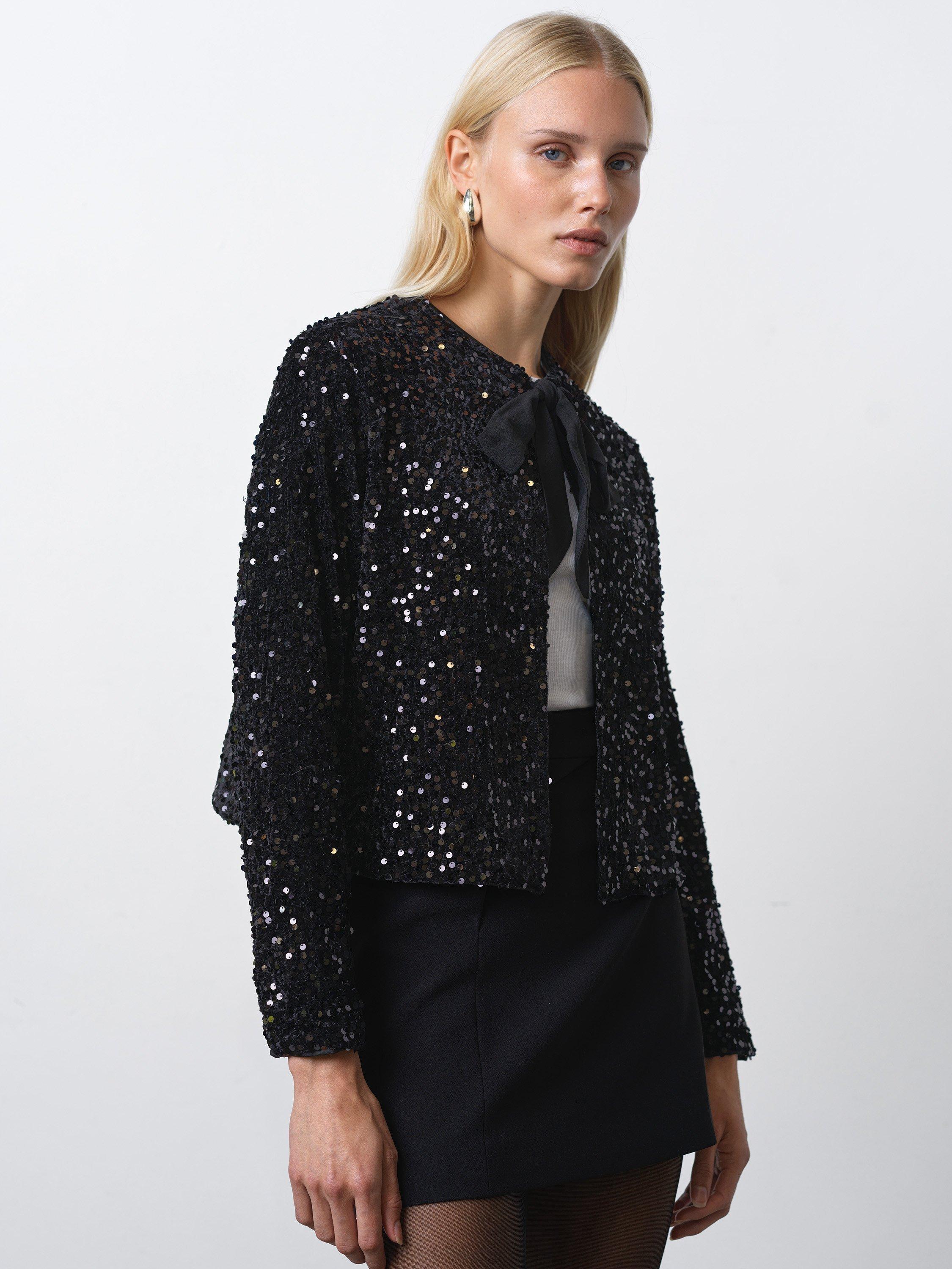 Product image 3 of 6, which shows French Connection Monet Sequin Cardigan, Blackout, S