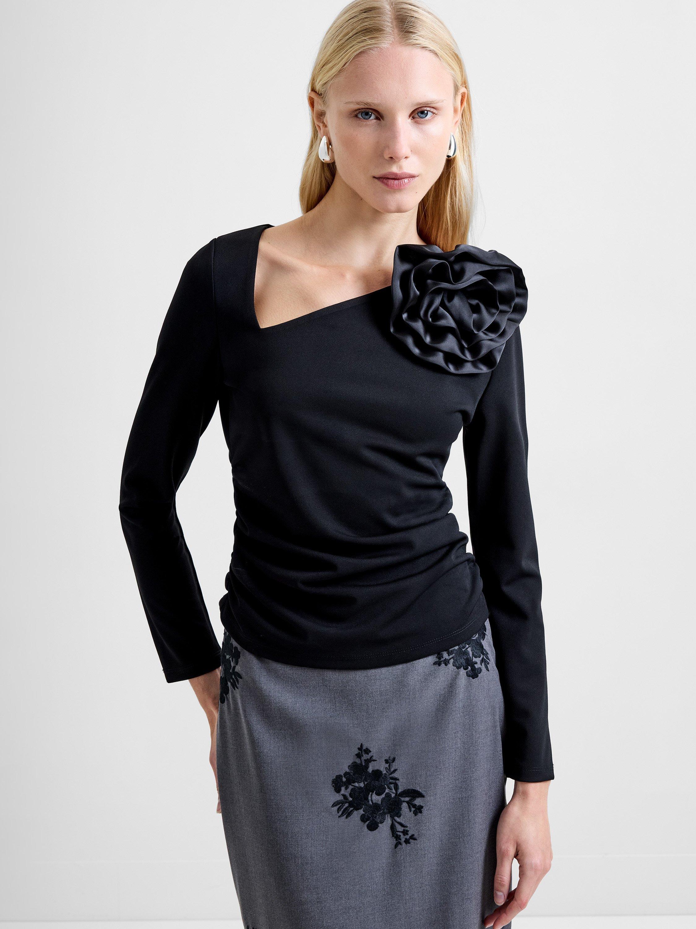 Product image 1 of 6, which shows French Connection Valetta Jersey Long Sleeve Rosette Top, Black, XS
