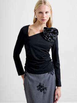 French Connection Valetta Jersey Long Sleeve Rosette Top, Black, Black
