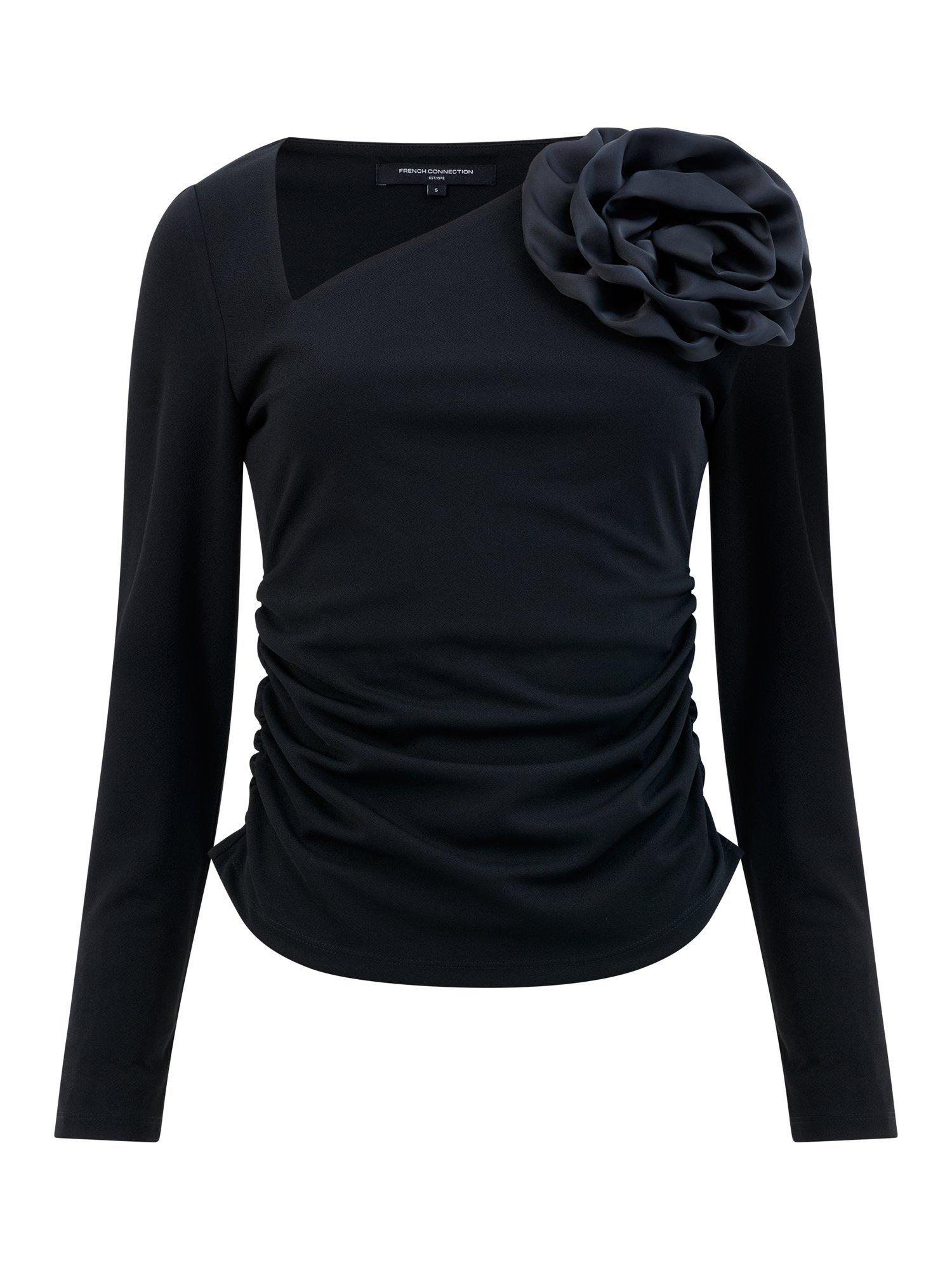 Product image 6 of 6, which shows French Connection Valetta Jersey Long Sleeve Rosette Top, Black, XS