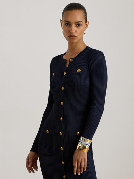 Lauren Ralph Lauren Chaynen Button Trim Rib Knit Jumper Dress, Lauren Navy - view 2, Lauren Navy