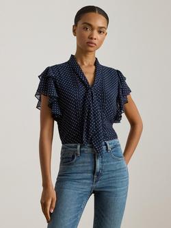 Lauren Ralph Lauren Prugan Polka Dot Tie Neck Blouse, Navy/White