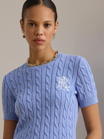 Lauren Ralph Lauren Short Sleeve Cotton Cable Knit Jumper, Sky Blue - view 2, Sky Blue