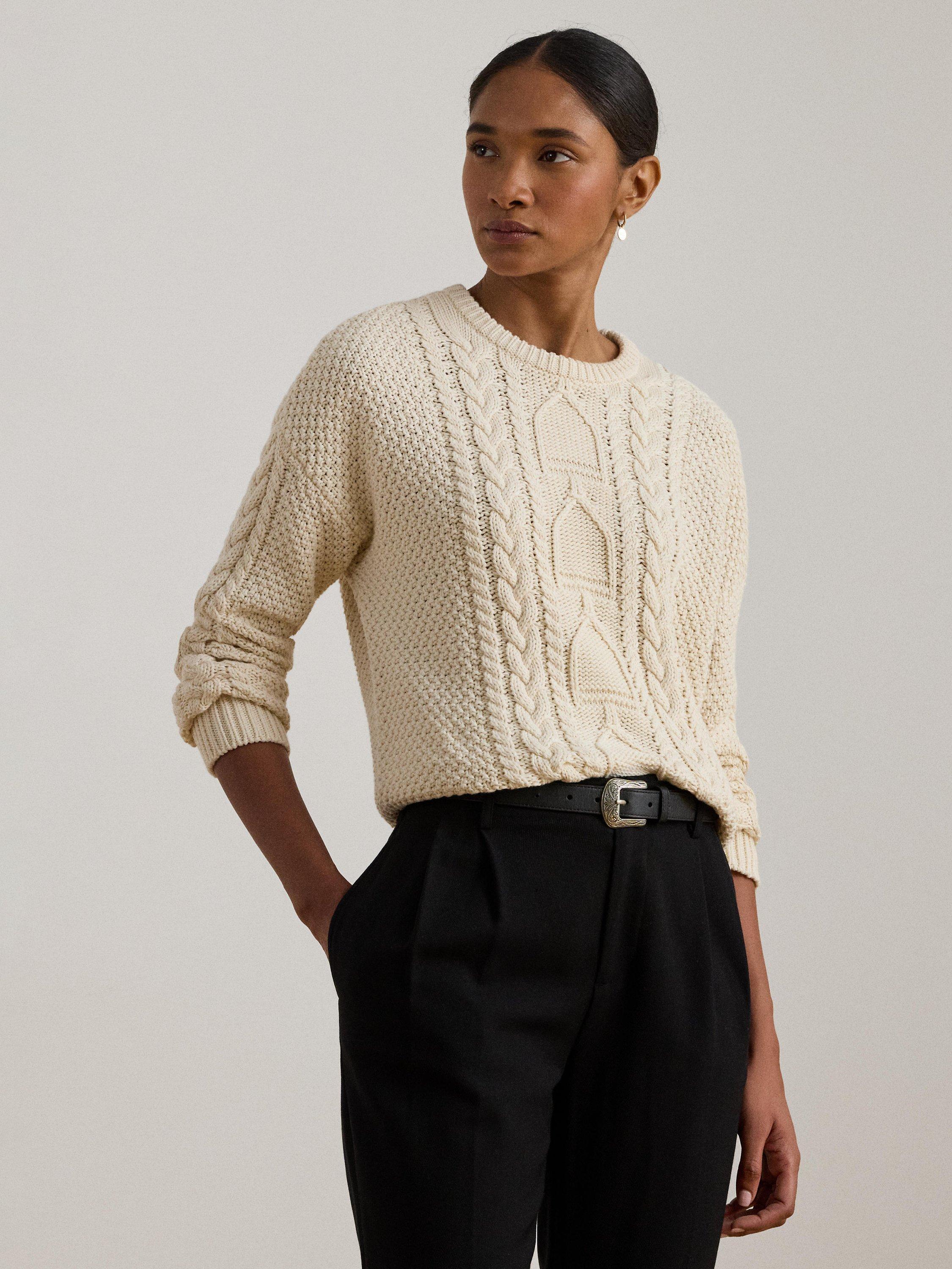 Product image 1 of 4, which shows Lauren Ralph Lauren Rexden Crew Neck Cotton Pullover, Cream, XS