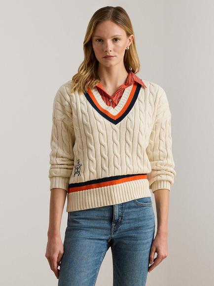 Lauren Ralph Lauren Tedurph V-Neck Cotton Pullover Jumper, Cream/Navy/Orange