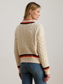 Lauren Ralph Lauren Tedurph V-Neck Cotton Pullover Jumper - view 2, Cream/Navy/Orange