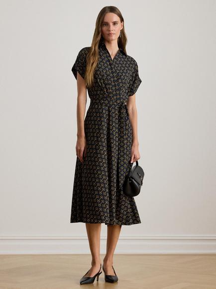 Lauren Ralph Lauren Fratillio Geometric Belted Crepe Dress, Dark Navy, Dark Navy