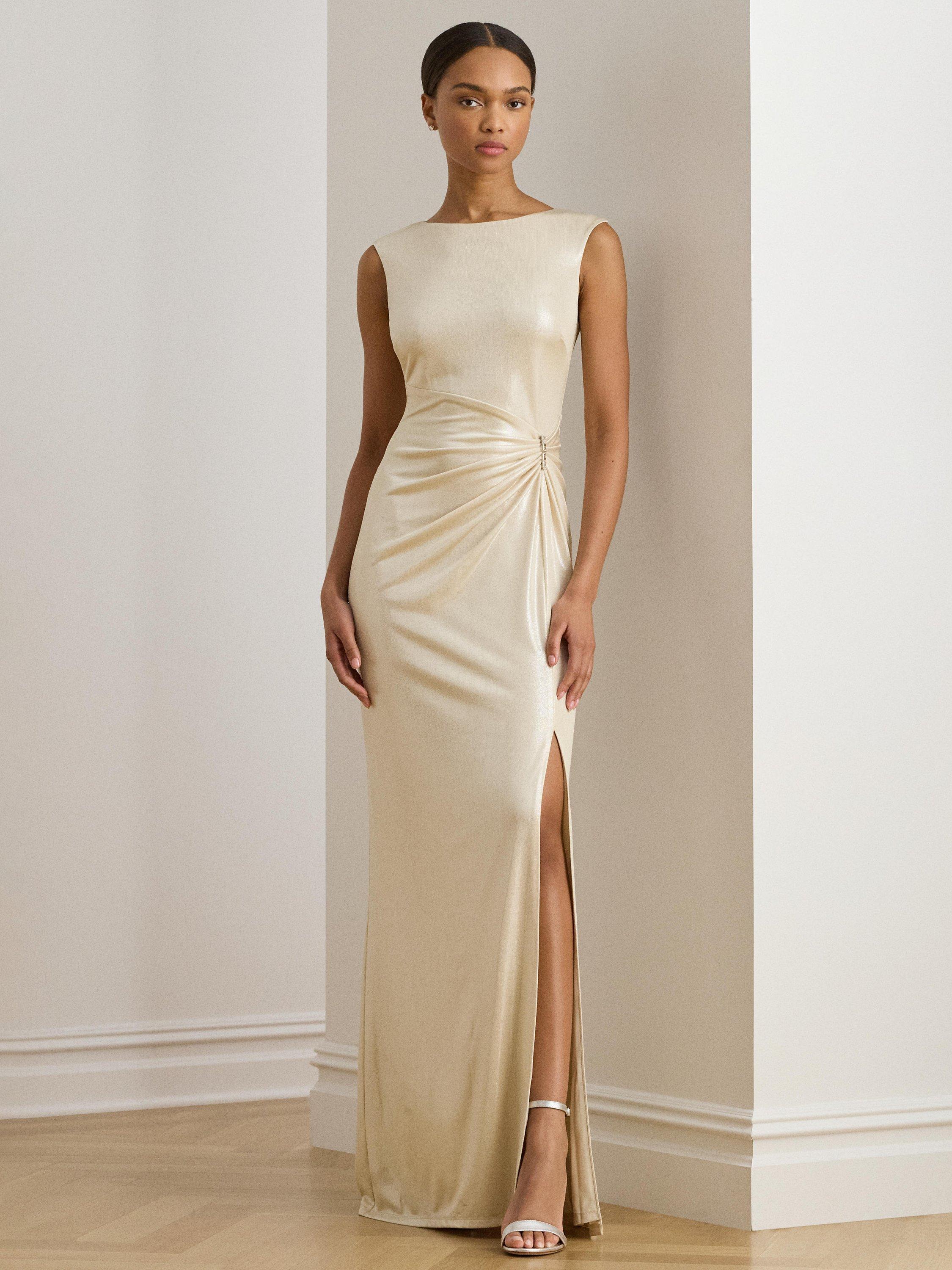 slim fit dress slacks Persephone Pleated Cami Gown - Lumen Gold Satin Sleeveless Maxi Dress main image 1