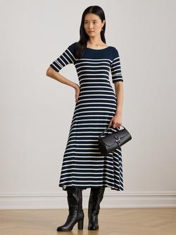 Lauren Ralph Lauren Munzie Day Cotton Flare Midi Dress, Navy/Cream
