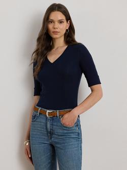 Lauren Ralph Lauren Judy V-Neck Cotton Blend T-Shirt, Navy, Lauren Navy