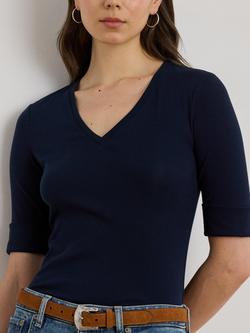 Lauren Ralph Lauren Judy V-Neck Cotton Blend T-Shirt, Navy - view 2, Lauren Navy