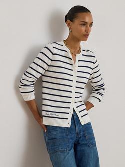 Lauren Ralph Lauren Ralhan Crew Neck Cotton Cardigan, White/Navy