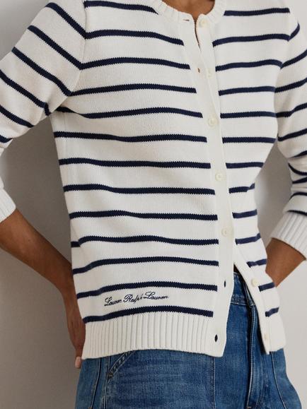 Lauren Ralph Lauren Ralhan Crew Neck Cotton Cardigan - view 2, White/Navy