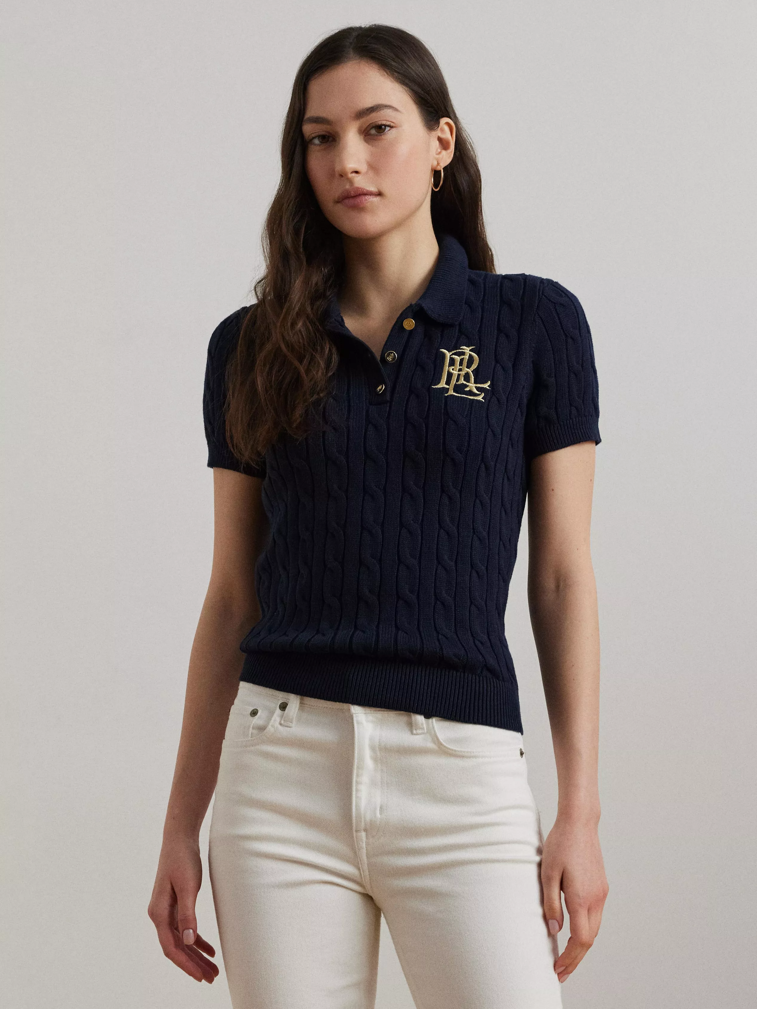 Lauren Ralph Lauren Natrissa Cable Knit Polo Top, Lauren Navy