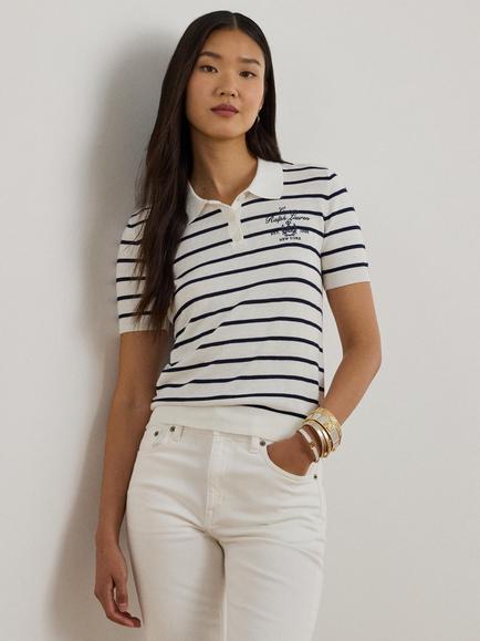 Lauren Ralph Lauren Natrissa Stripe Polo Knit Top, White/Navy, White/Navy