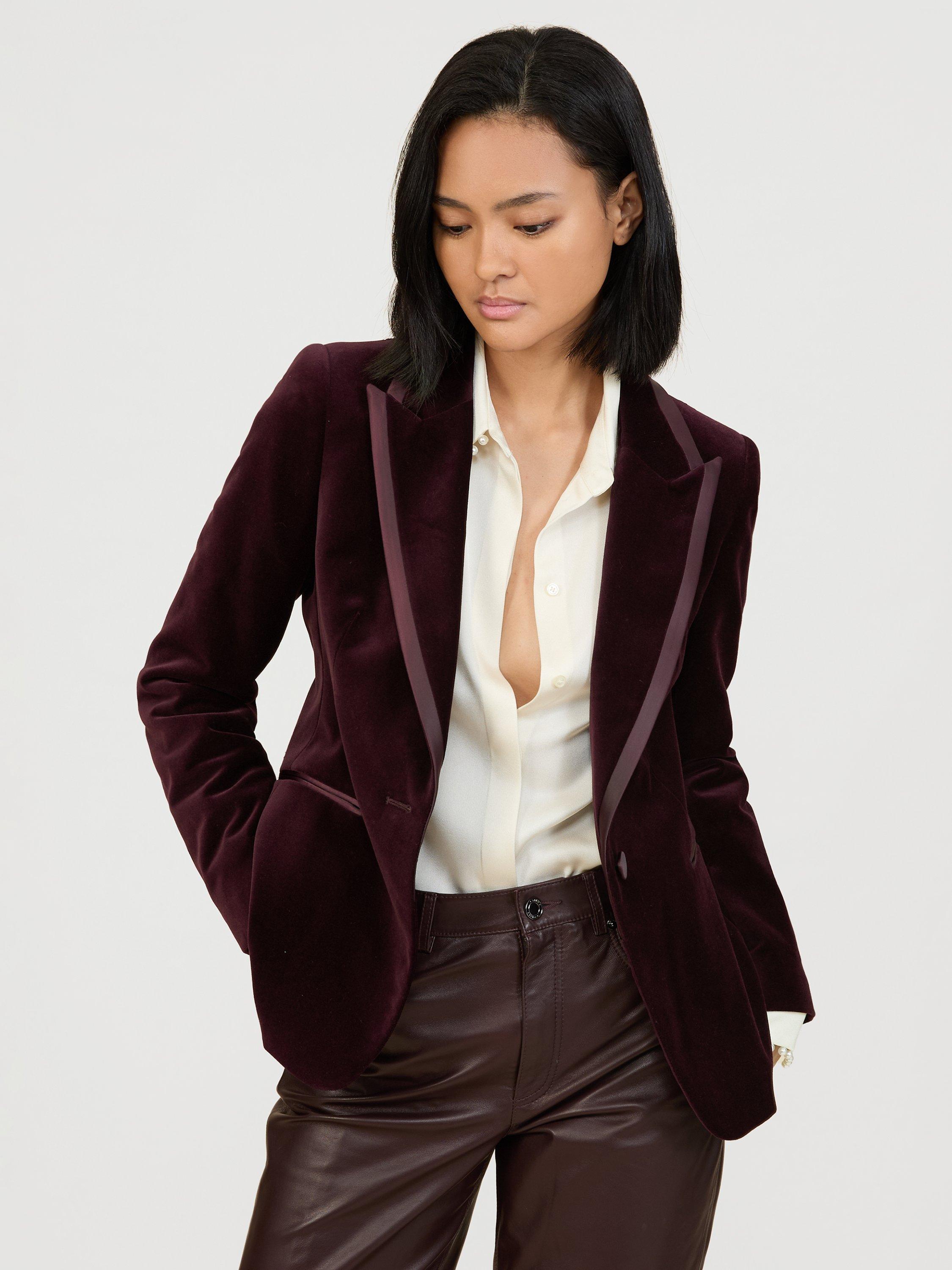 Product image 1 of 5, which shows Reiss Elia Velvet Jacket, Burgundy, 6