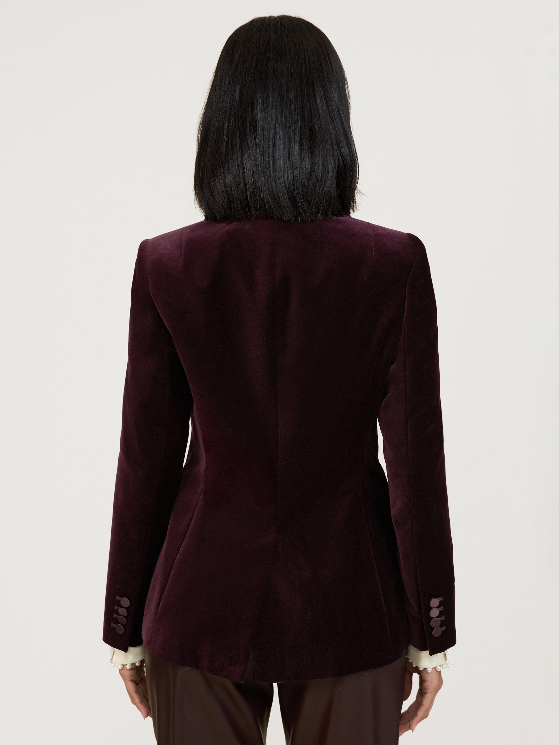 Product image 2 of 5, which shows Reiss Elia Velvet Jacket, Burgundy, 6