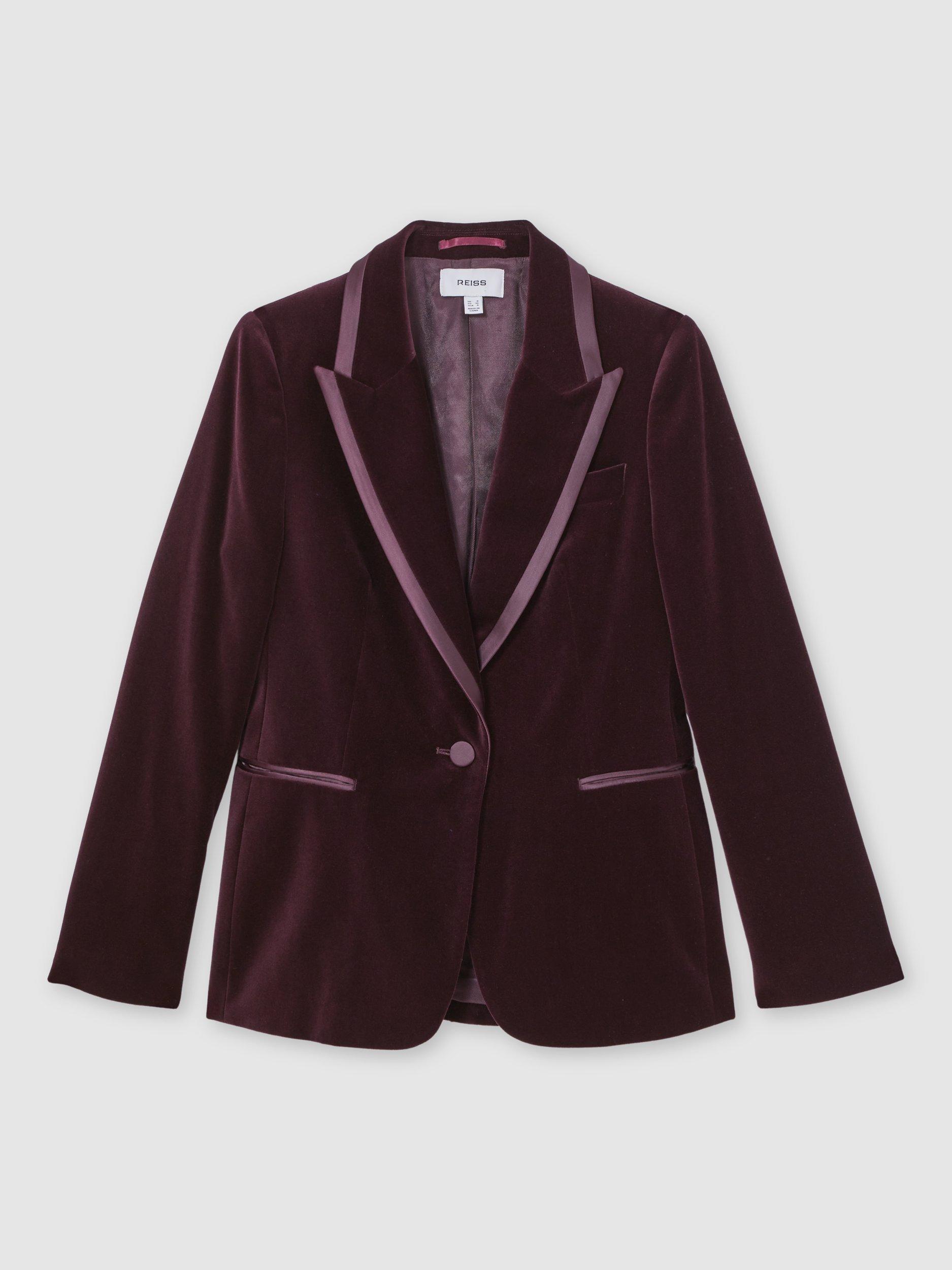 Product image 3 of 5, which shows Reiss Elia Velvet Jacket, Burgundy, 6