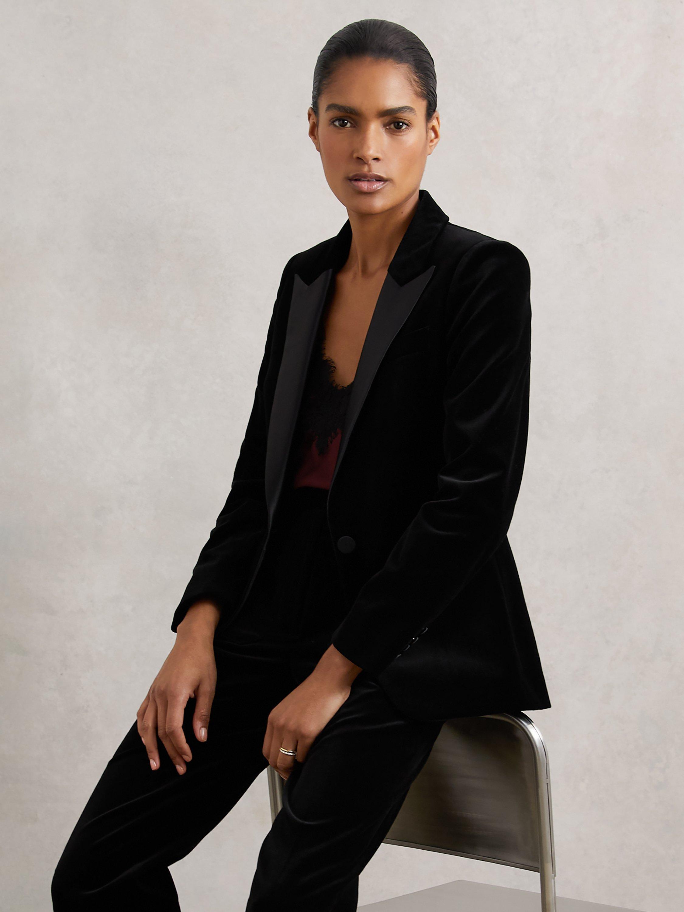 Product image 1 of 5, which shows Reiss Myrtle Velvet Jacket, Black, 8