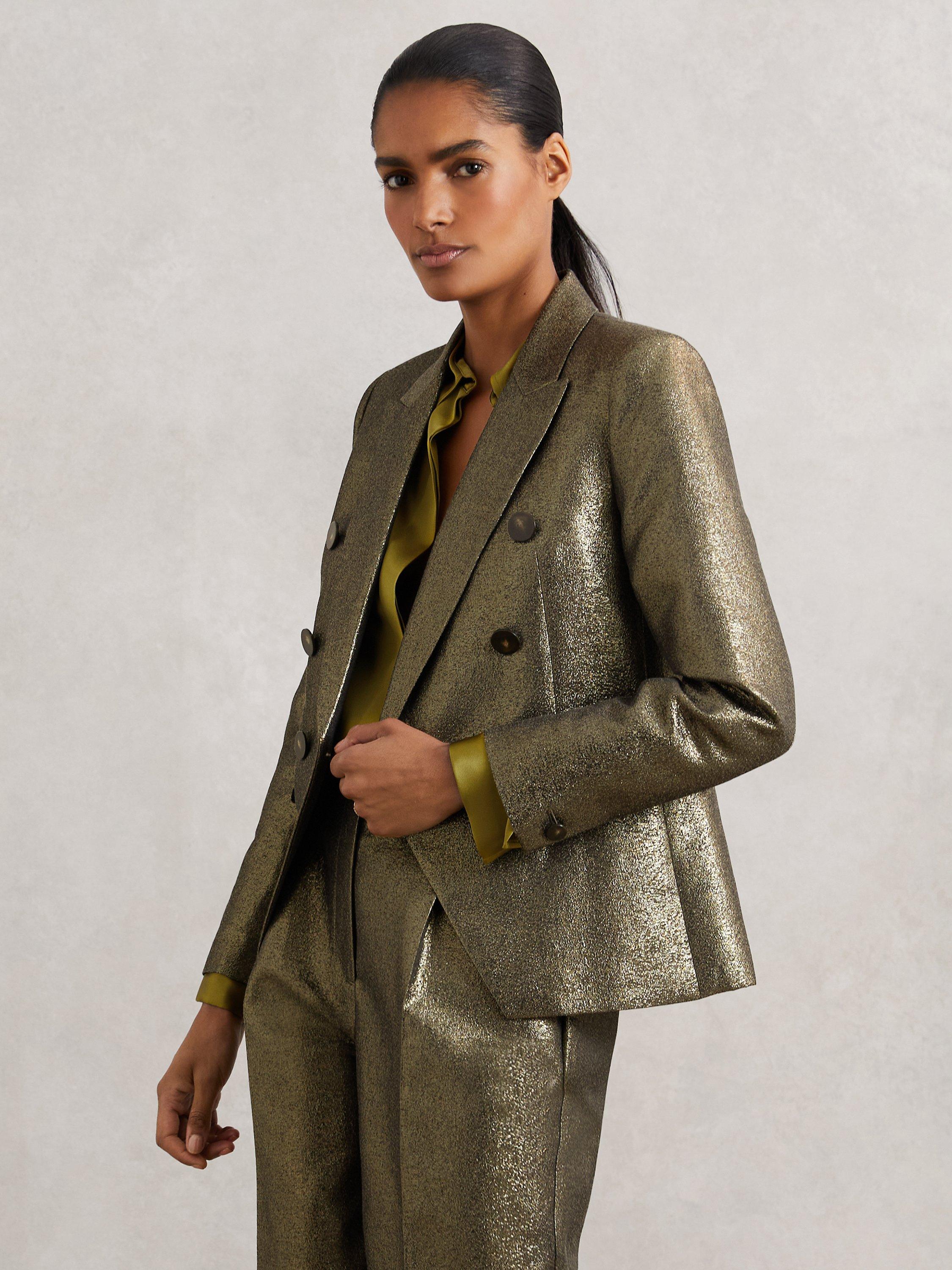 Product image 1 of 5, which shows Reiss Petite Sienna Metallic Blazer, Gold, 6Pt