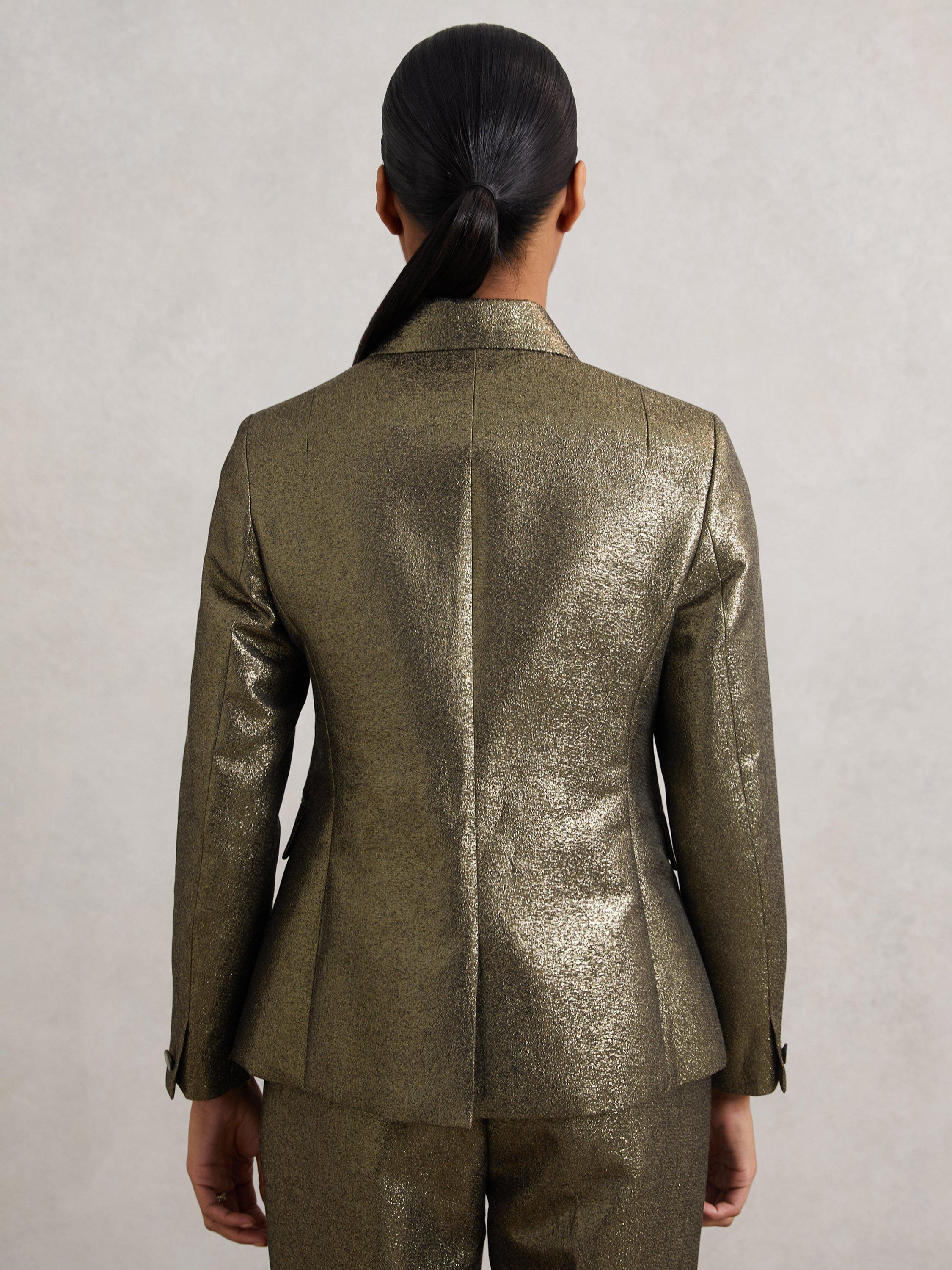 Product image 2 of 5, which shows Reiss Petite Sienna Metallic Blazer, Gold, 6Pt