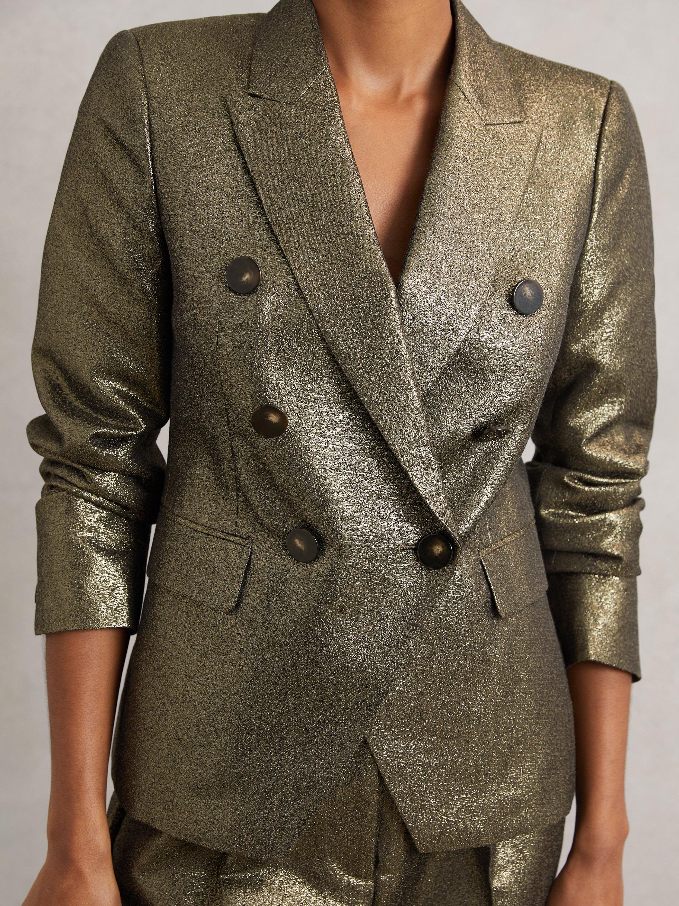 Product image 5 of 5, which shows Reiss Petite Sienna Metallic Blazer, Gold, 6Pt