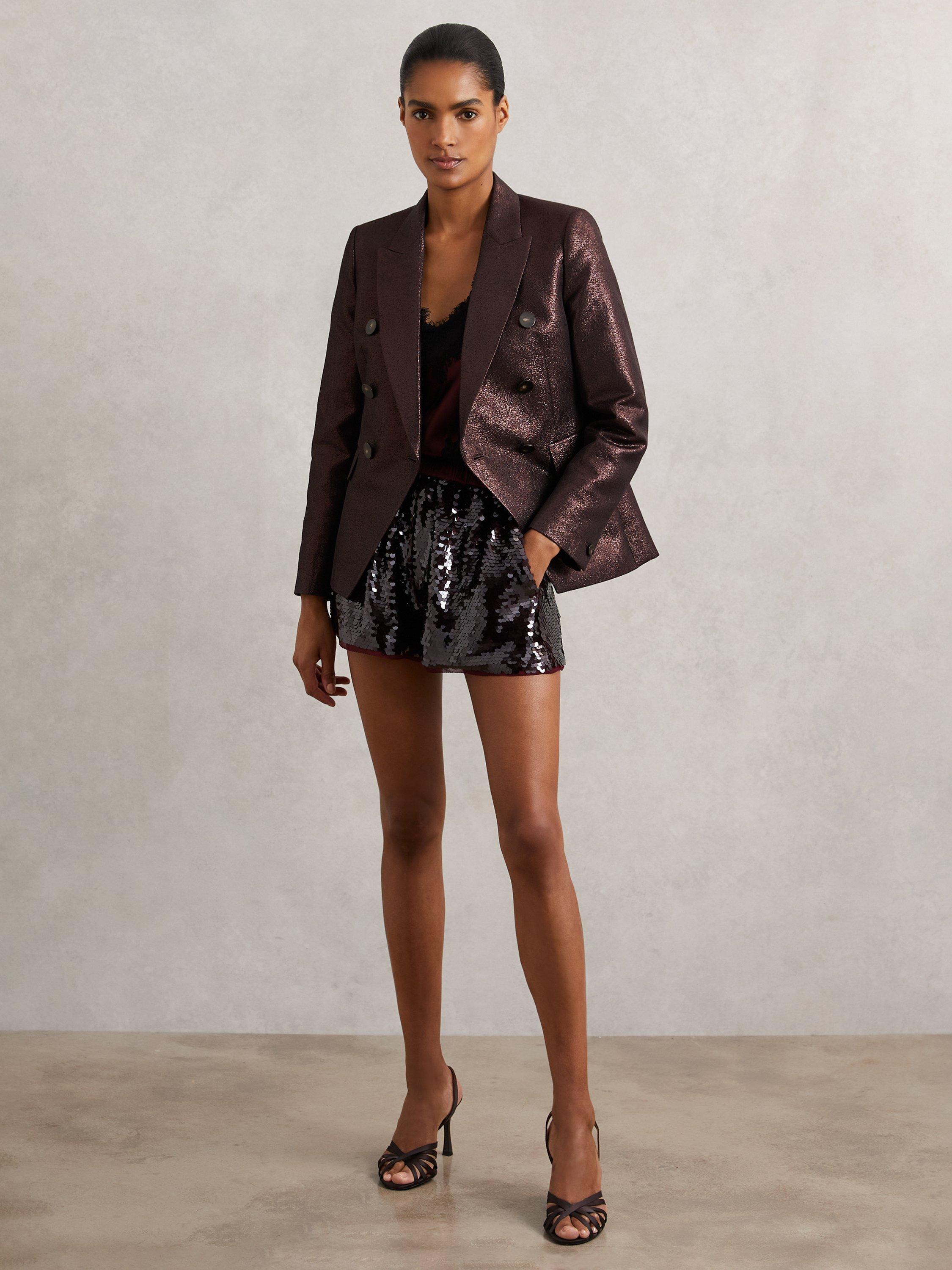 Product image 2 of 5, which shows Reiss Petite Sienna Metallic Blazer, Burgundy, 6Pt