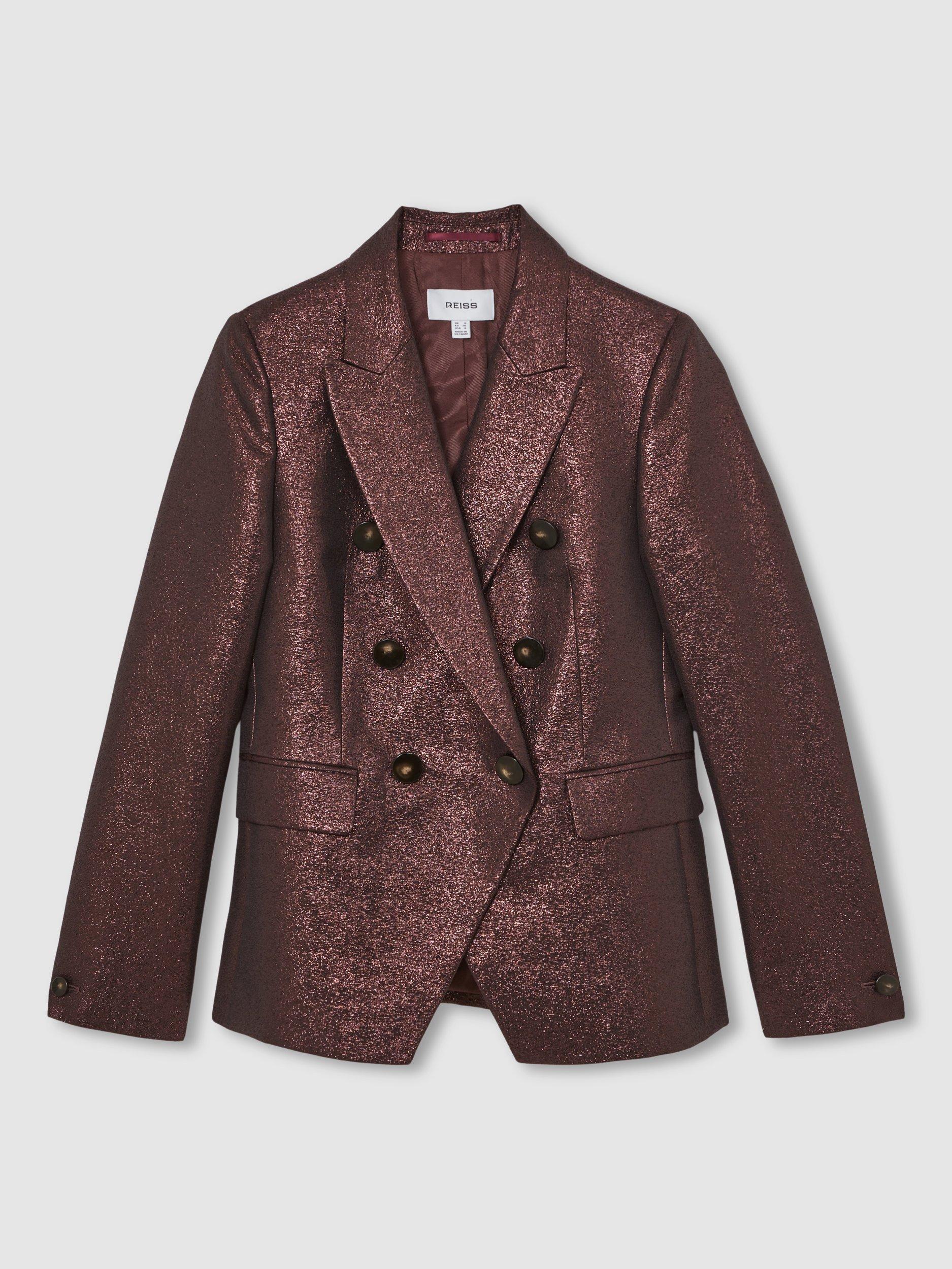 Product image 3 of 5, which shows Reiss Petite Sienna Metallic Blazer, Burgundy, 6Pt