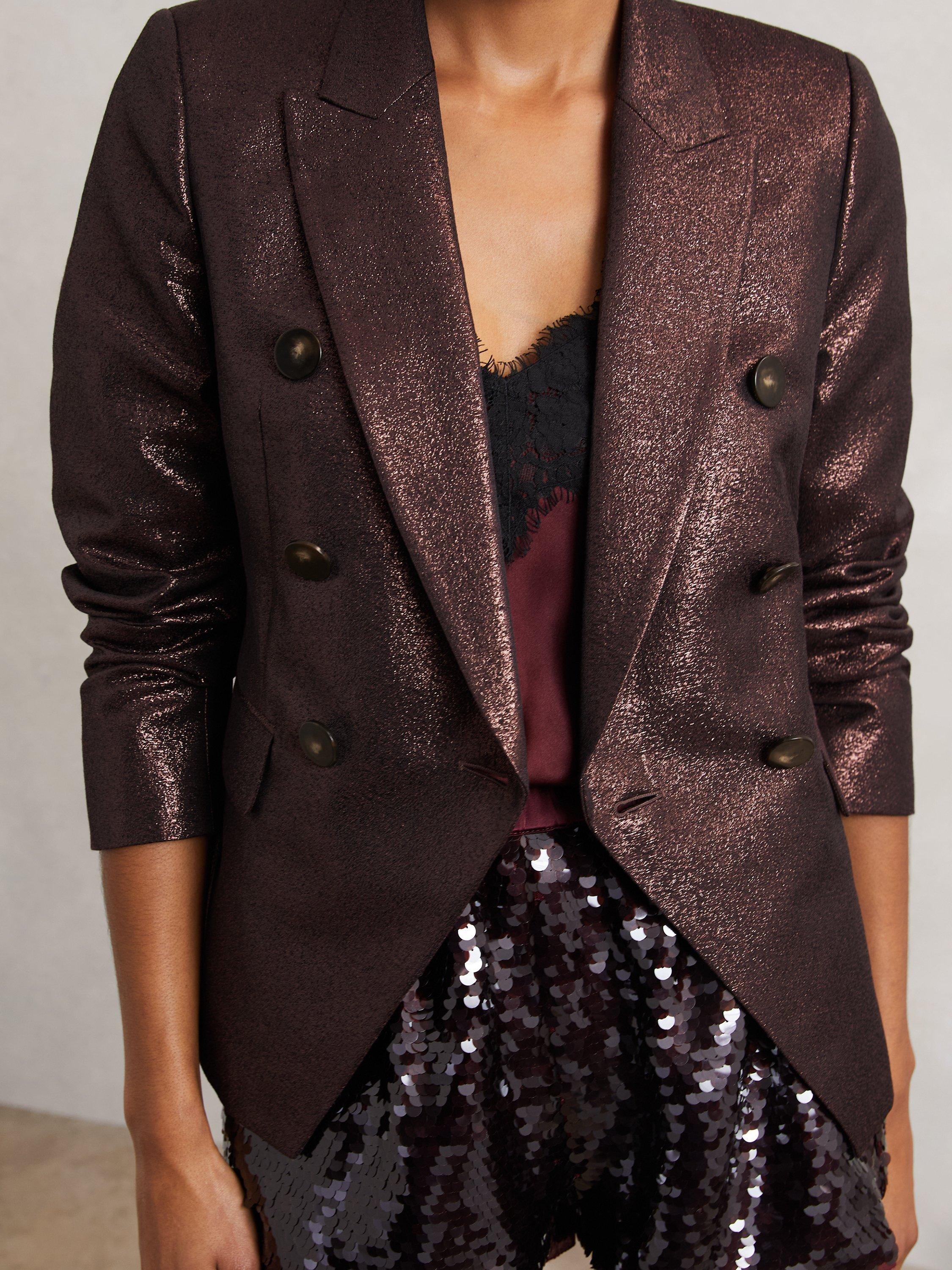 Product image 5 of 5, which shows Reiss Petite Sienna Metallic Blazer, Burgundy, 6Pt