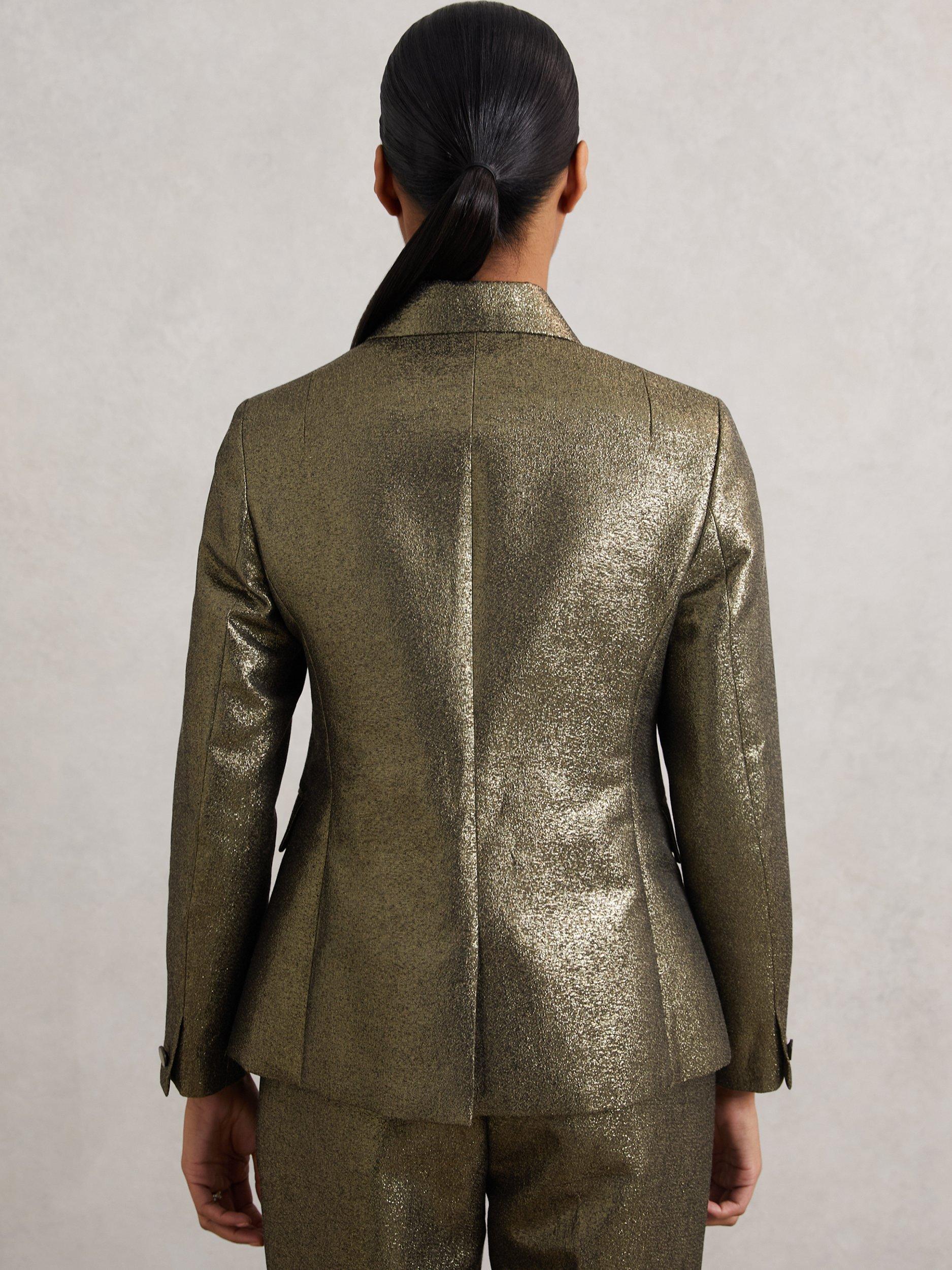 Product image 2 of 5, which shows Reiss Sienna Single-Breasted Cotton Blend Jacket, Gold, 6