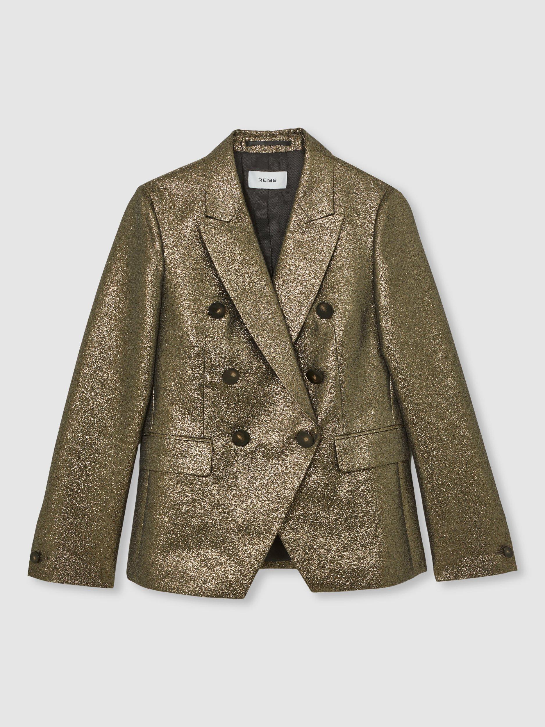 Product image 3 of 5, which shows Reiss Sienna Single-Breasted Cotton Blend Jacket, Gold, 6
