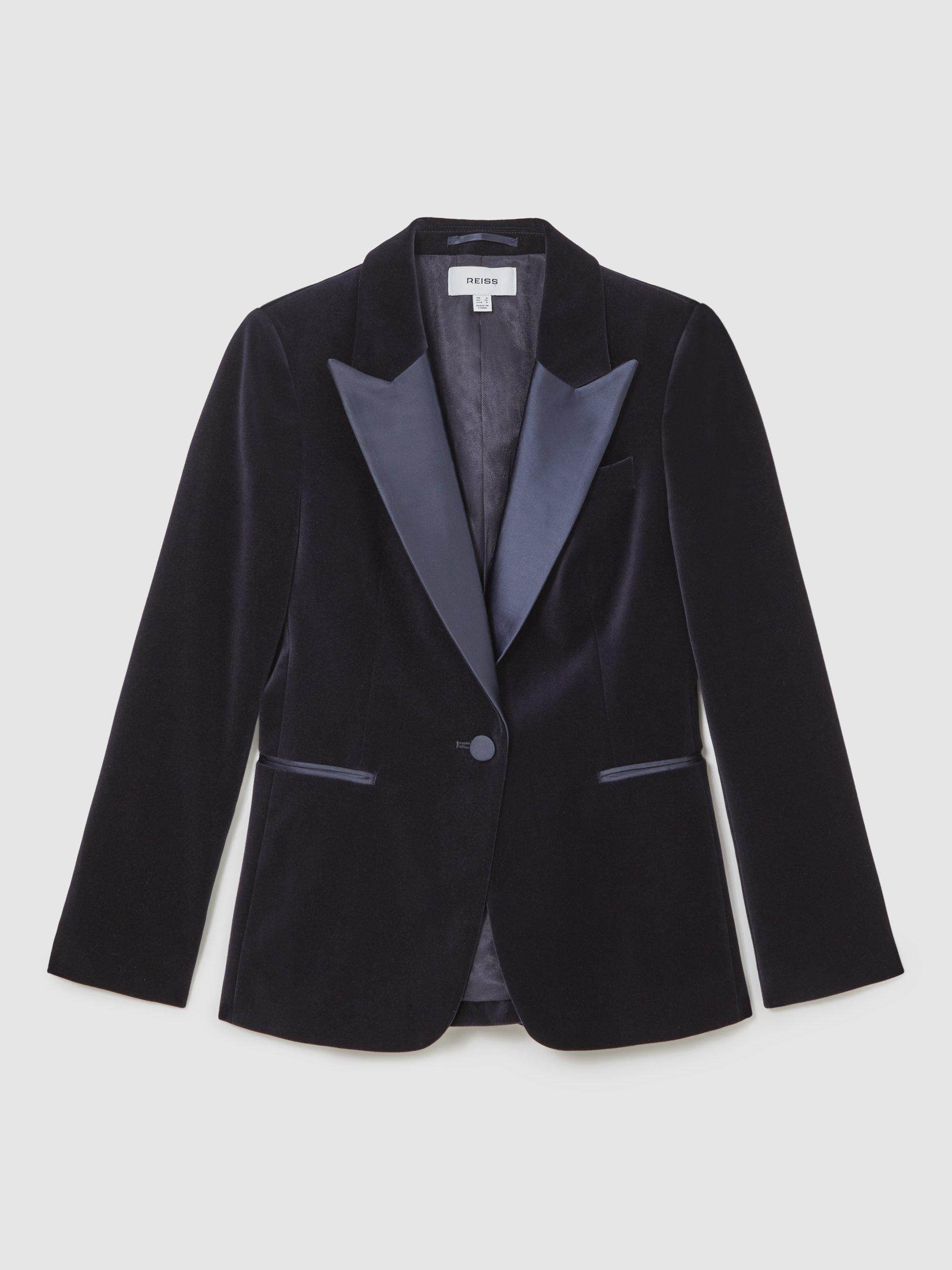 Product image 3 of 5, which shows Reiss Verda Velvet Jacket, Navy, 8