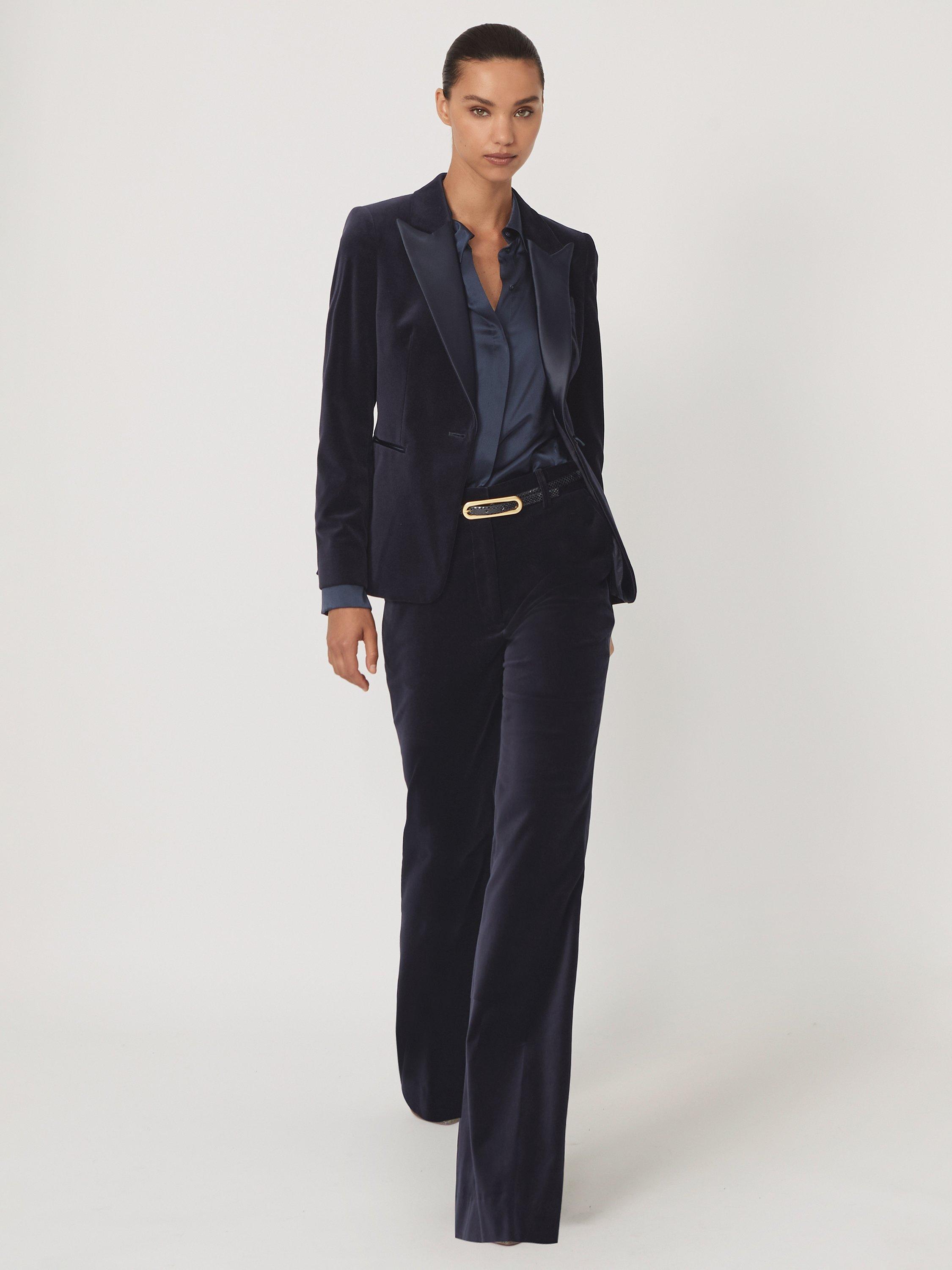 Product image 5 of 5, which shows Reiss Petite Verda Velvet Jacket, Navy, 10Pt