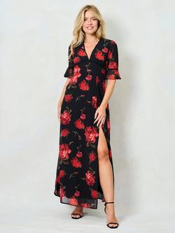 Hope & Ivy The Jenna Floral Short Sleeve V Neck Maxi Dress, Black/Red