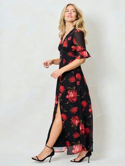 Hope & Ivy The Jenna Floral Short Sleeve V Neck Maxi Dress - view 2, Black/Red