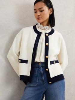 Reiss Contrast Trim Wool Blend Cardigan, Cream/Navy, Cream/Navy
