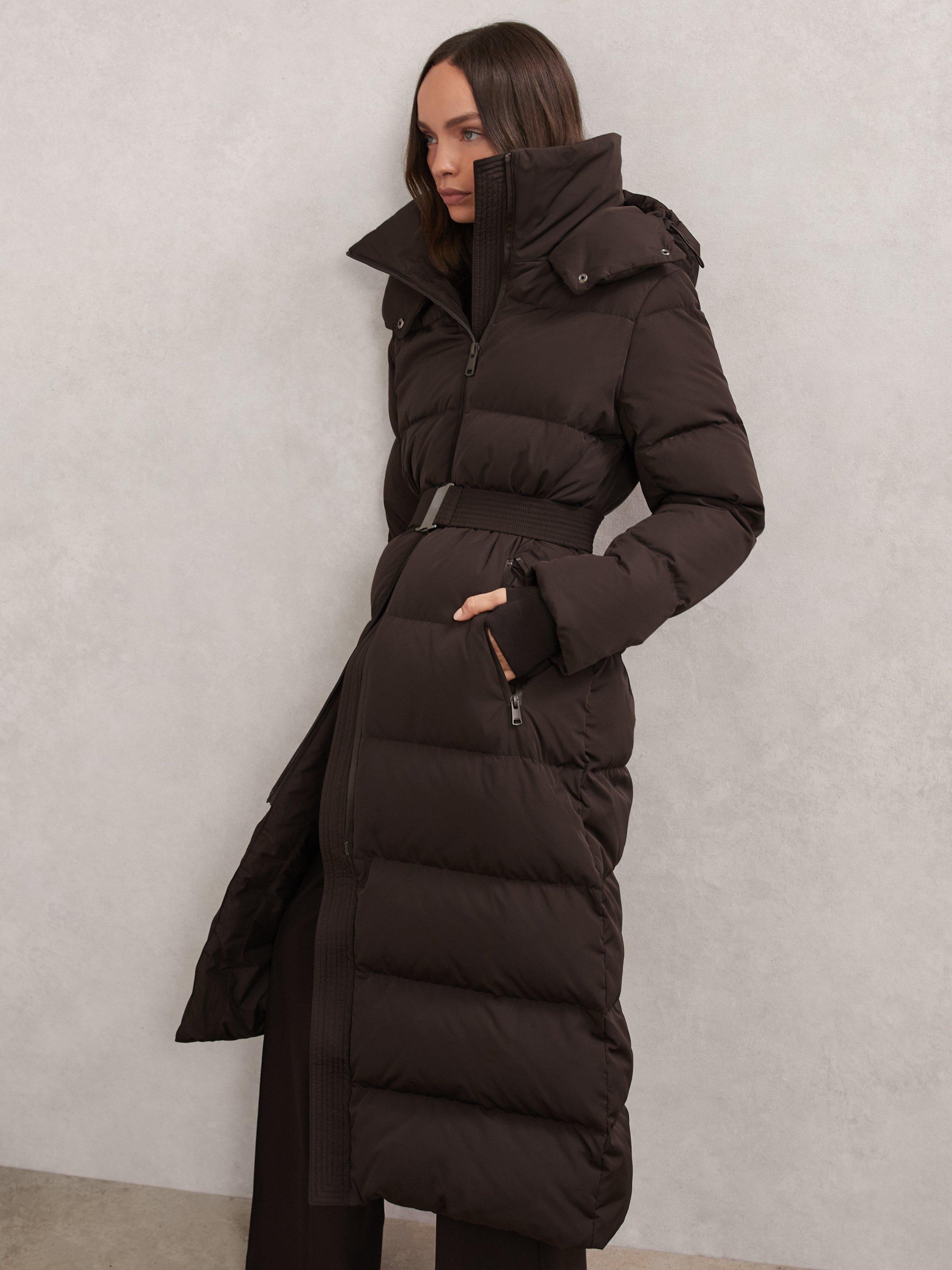 Reiss Petite Colette Longline Puffer Coat, Chocolate Brown