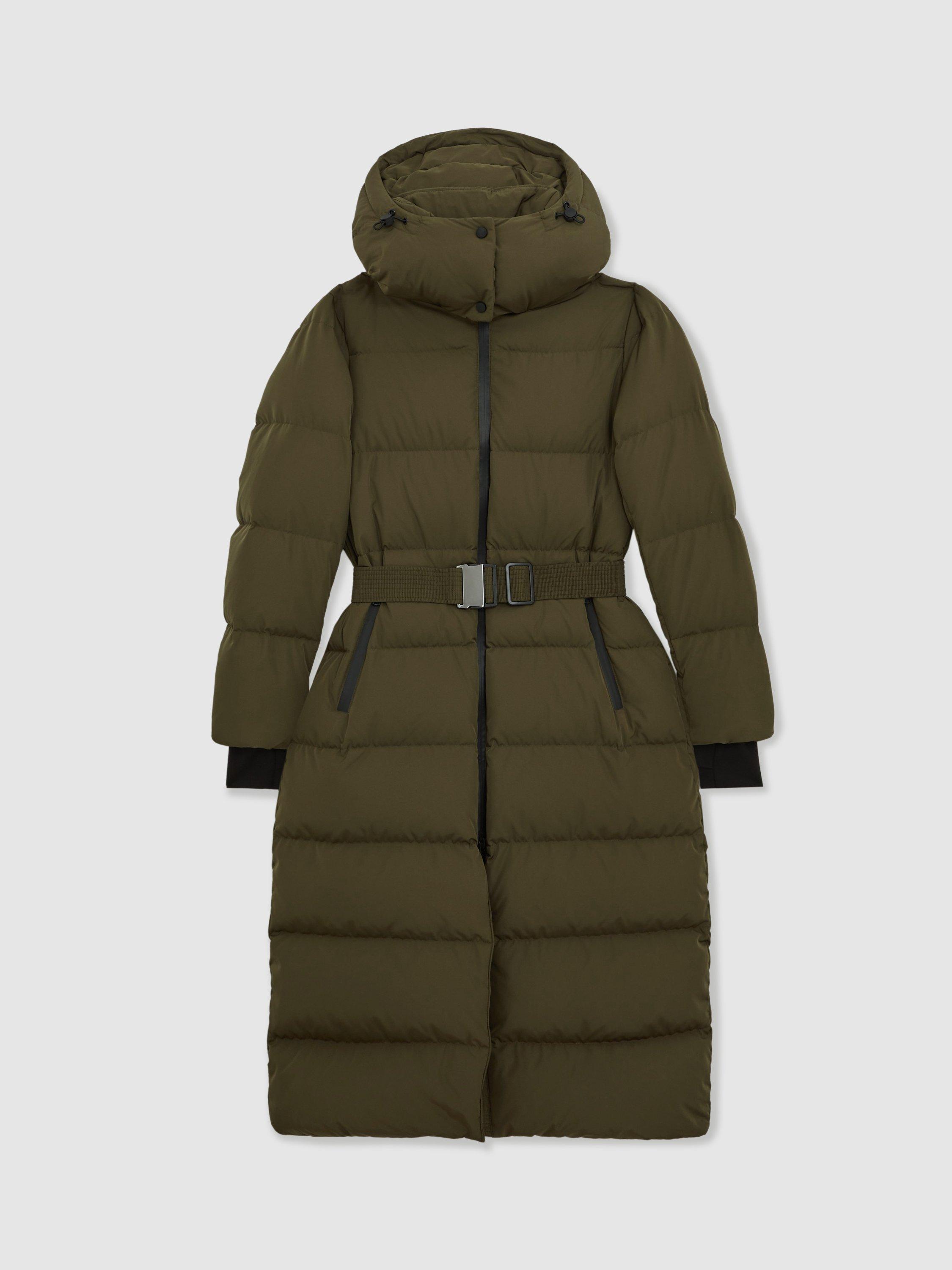 Product image 3 of 5, which shows Reiss Colette Longline Puffer Coat, Khaki, XS