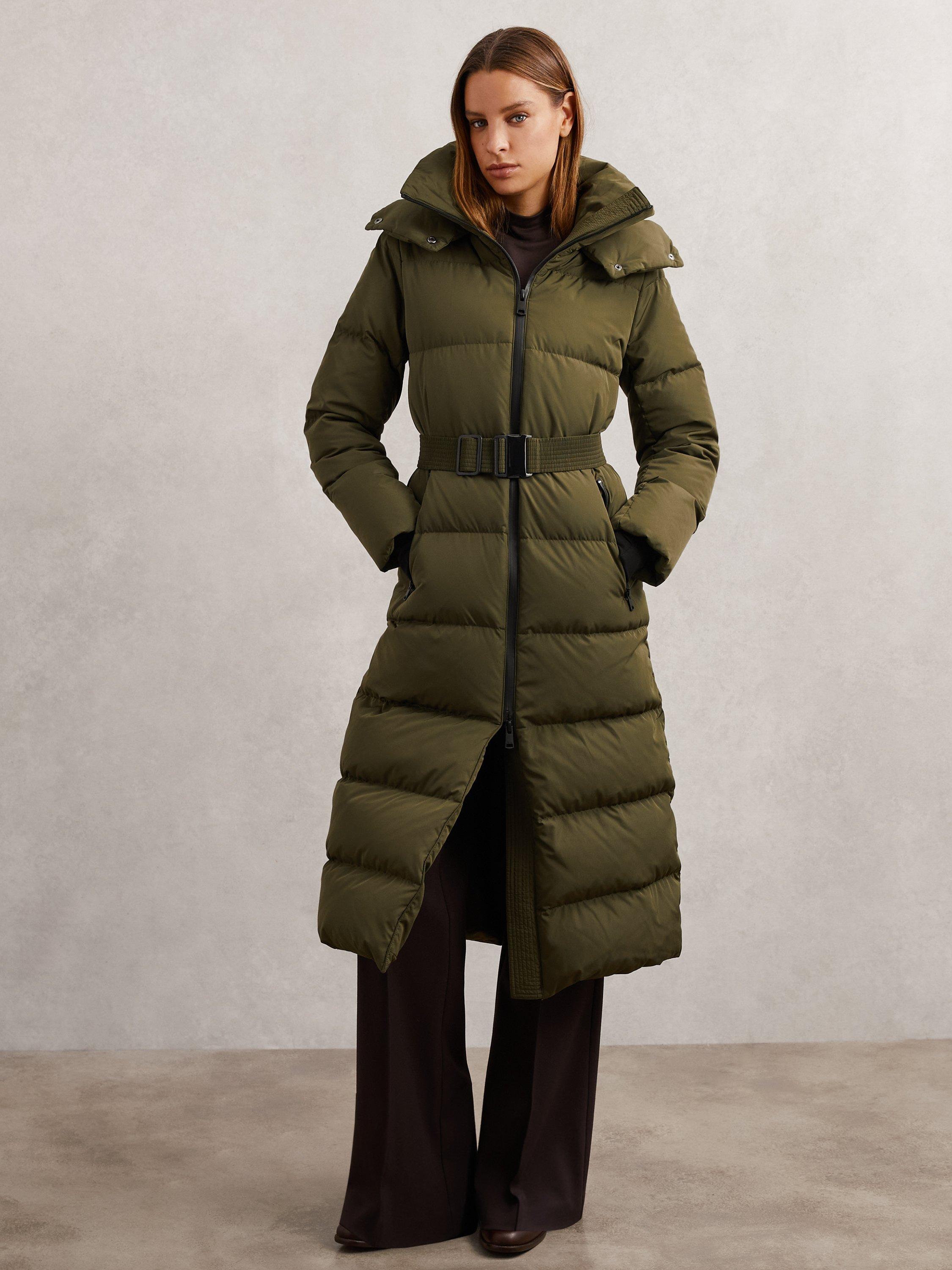 Product image 5 of 5, which shows Reiss Colette Longline Puffer Coat, Khaki, XS