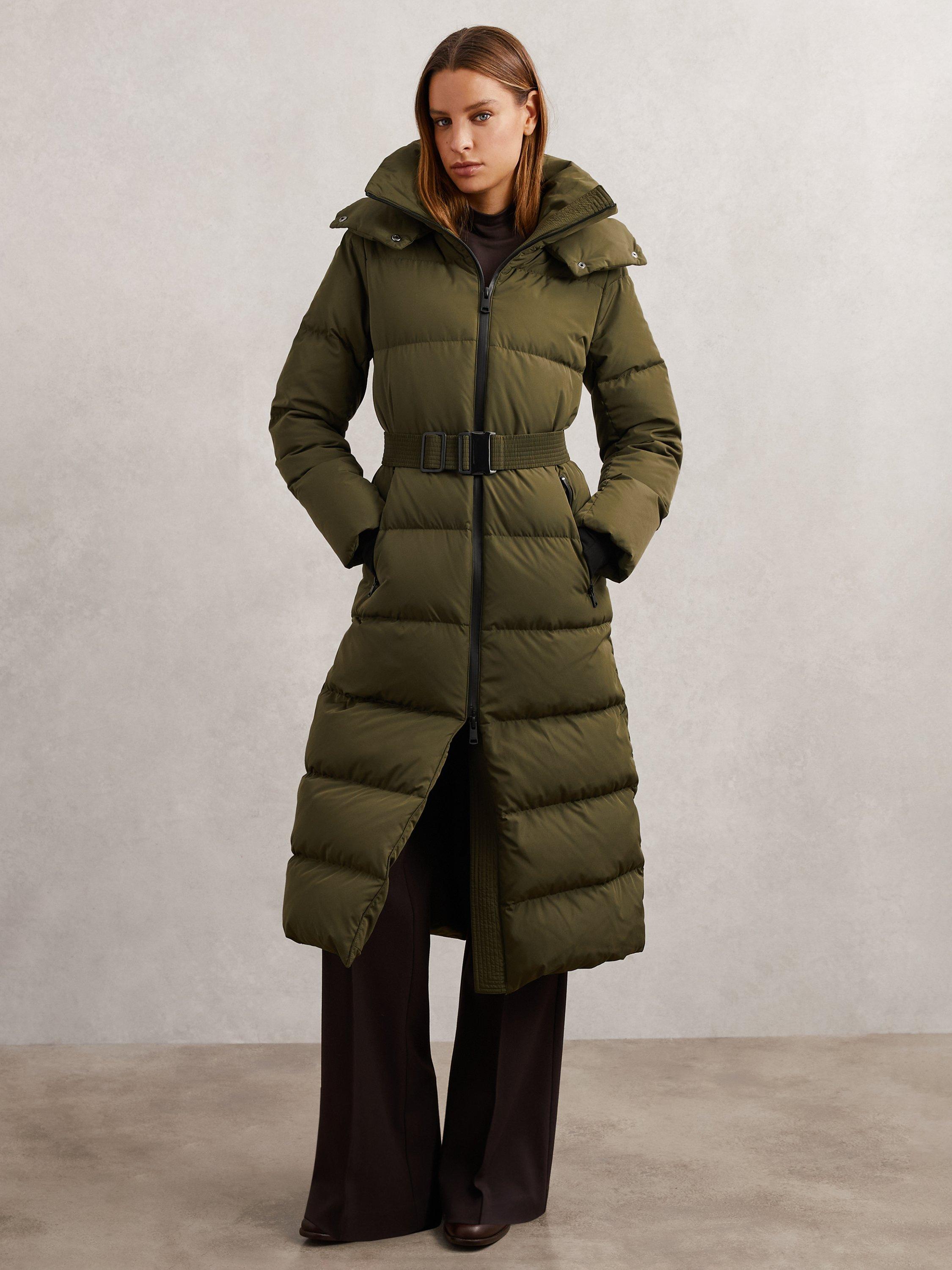 Product image 1 of 5, which shows Reiss Petite Colette Longline Puffer Coat, Khaki, XS