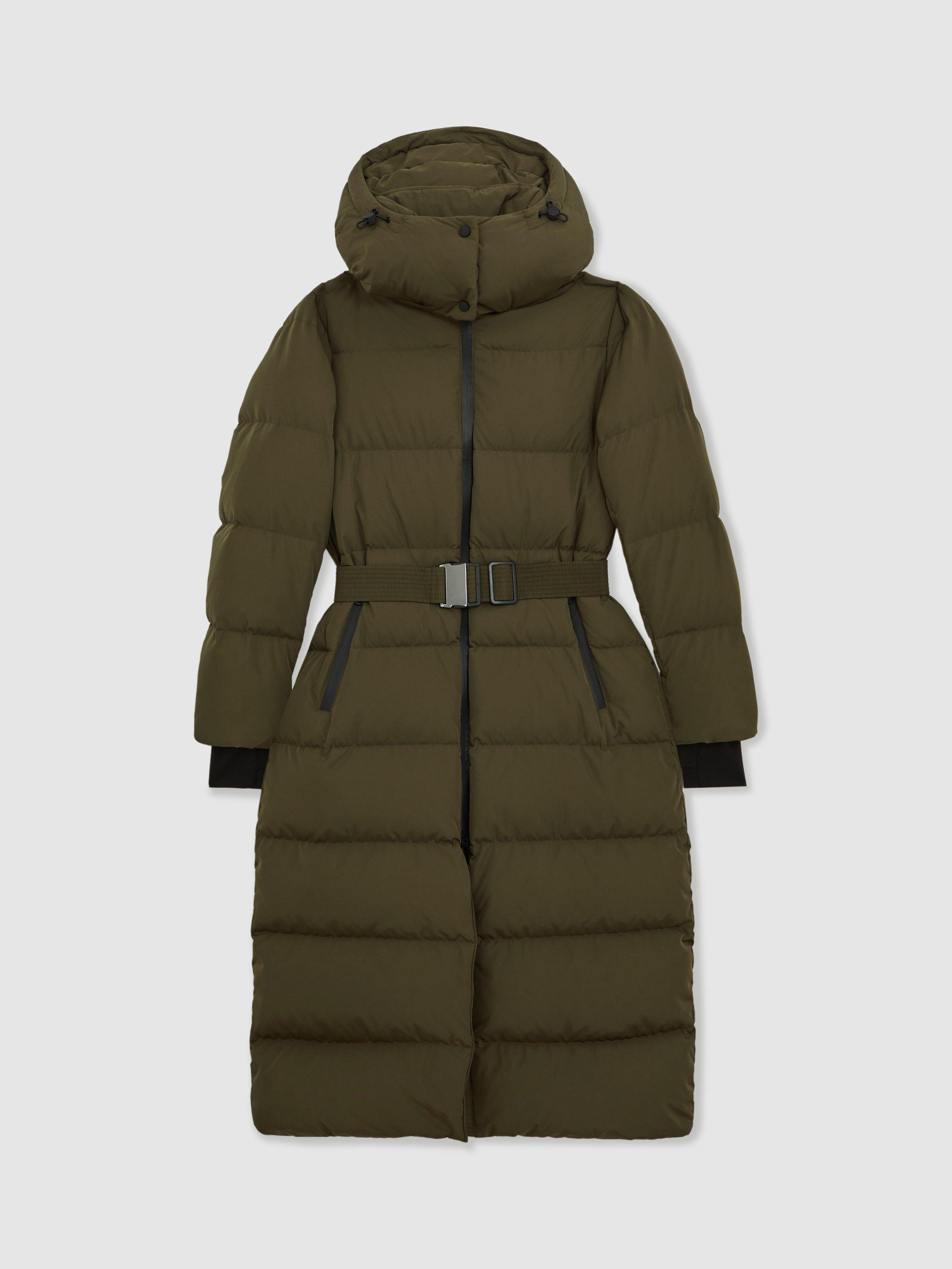 Product image 3 of 5, which shows Reiss Petite Colette Longline Puffer Coat, Khaki, XS