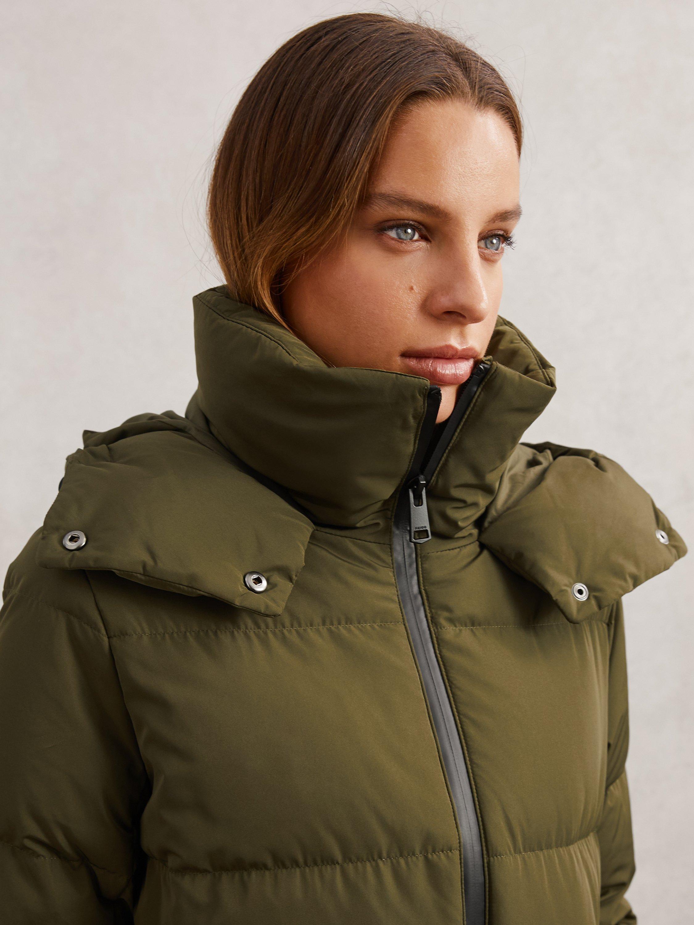 Product image 4 of 5, which shows Reiss Petite Colette Longline Puffer Coat, Khaki, XS