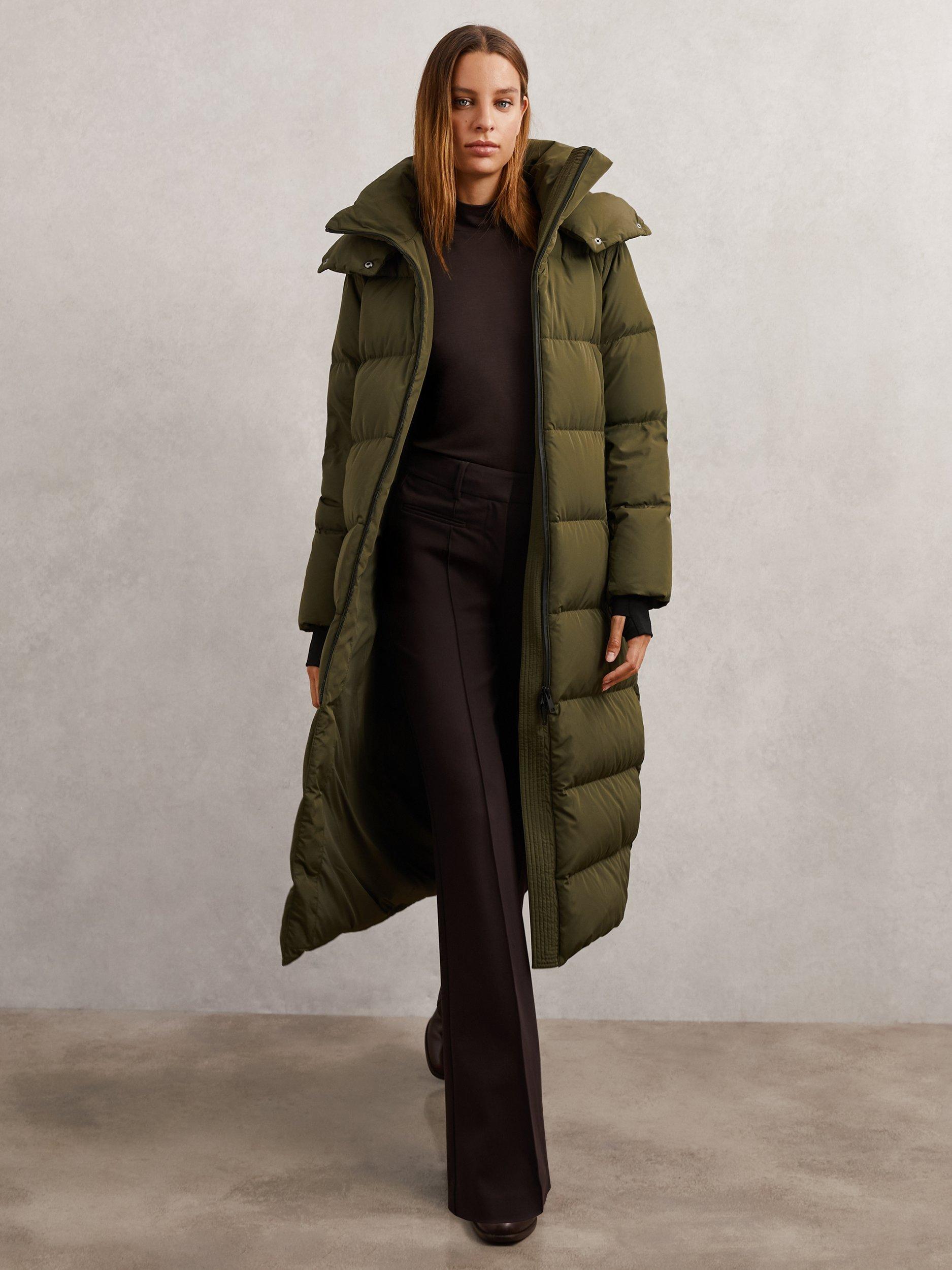 Product image 5 of 5, which shows Reiss Petite Colette Longline Puffer Coat, Khaki, XS