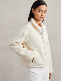 Reiss Darrion Linen Blend Knit Funnel Neck Jacket, Cream