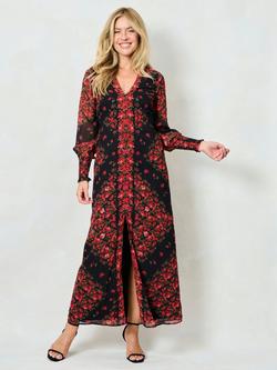 Hope & Ivy The Adelita Blouson Sleeve Front Split Maxi Dress, Black/Red, Black/Red