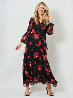 Hope & Ivy The Camilla Floral Long Sleeve Wrap Maxi Dress, Black/Red